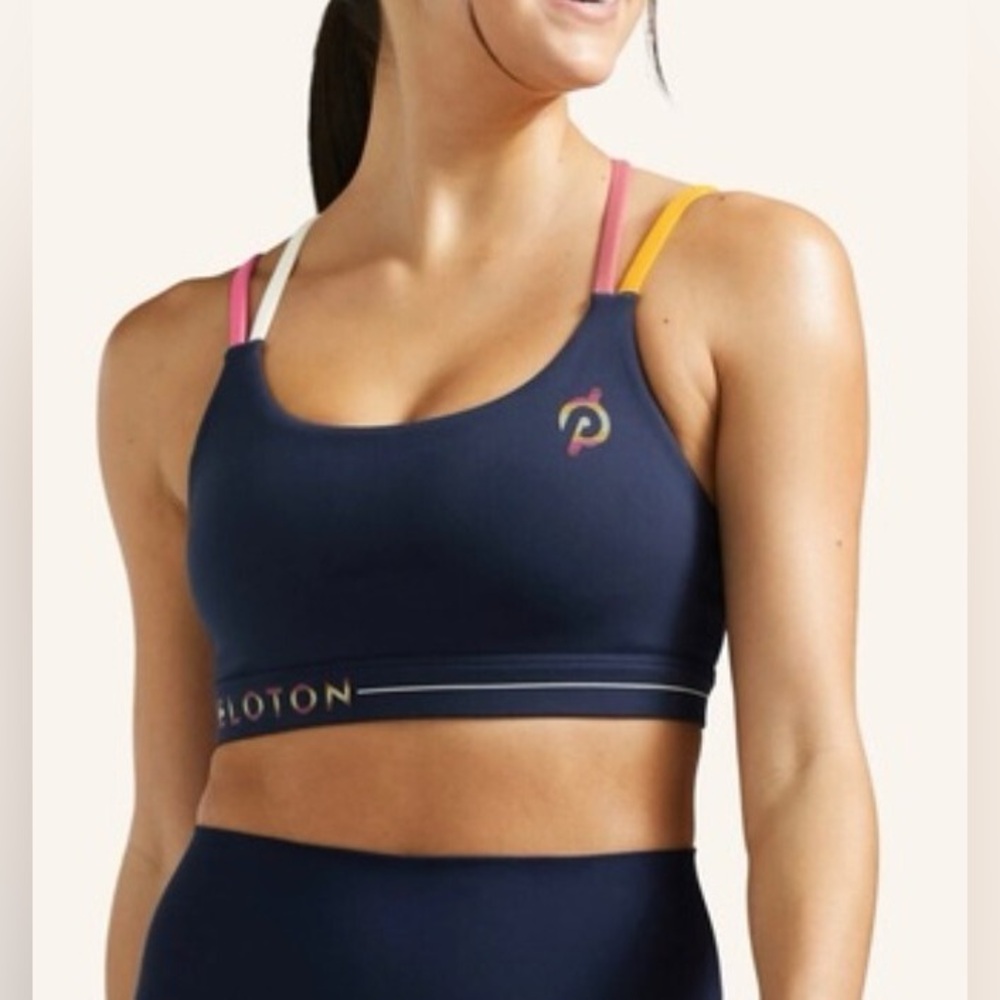 Peloton Navy Sports Bra with Pink and Yellow Straps